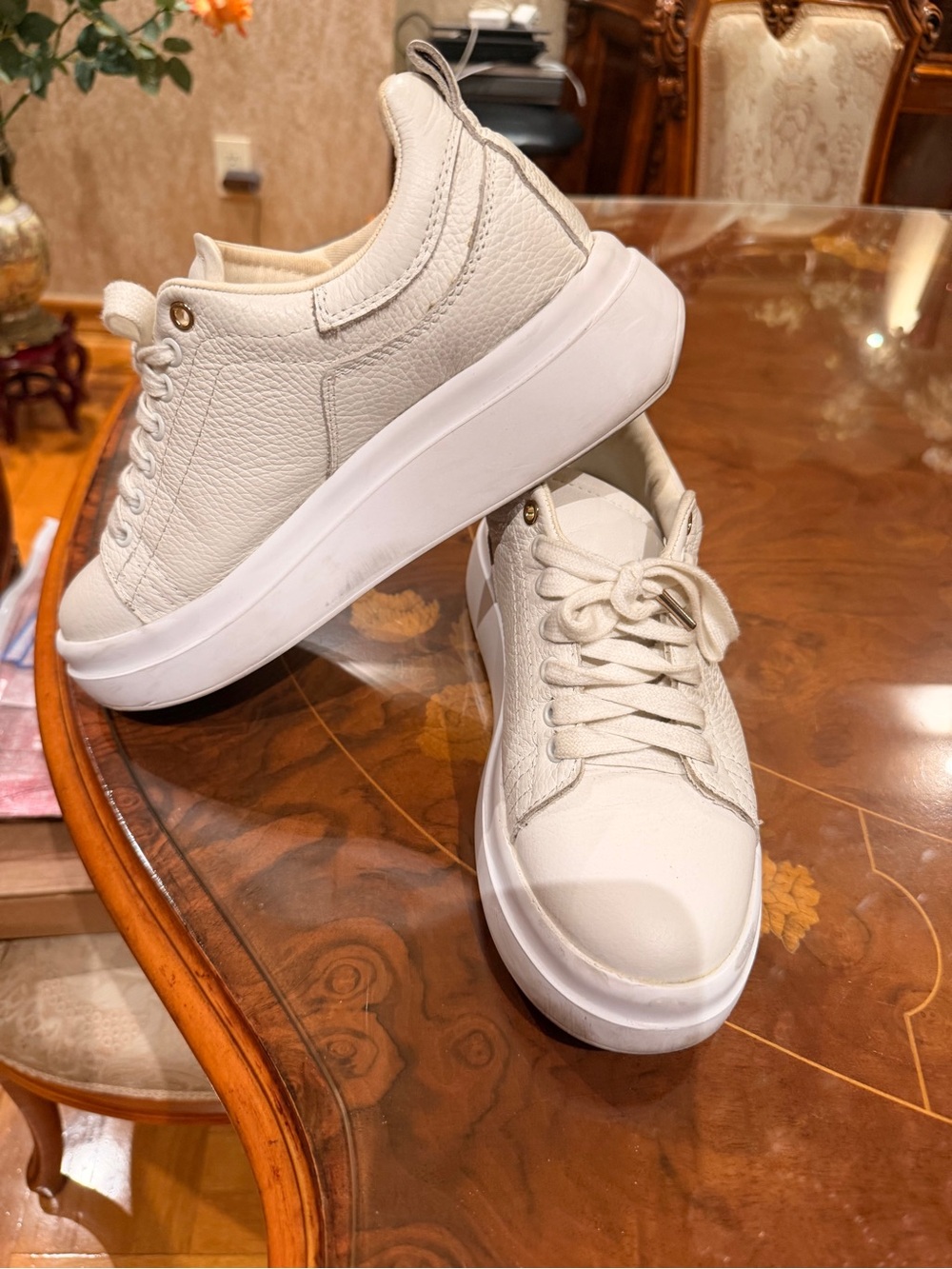Zara Off-White Platform Leather Sneakers Sz 39